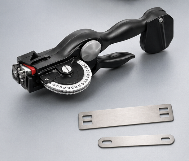 B-Tec BTID 100 Dymo Metal Tape Embossing System with stainless steel tape