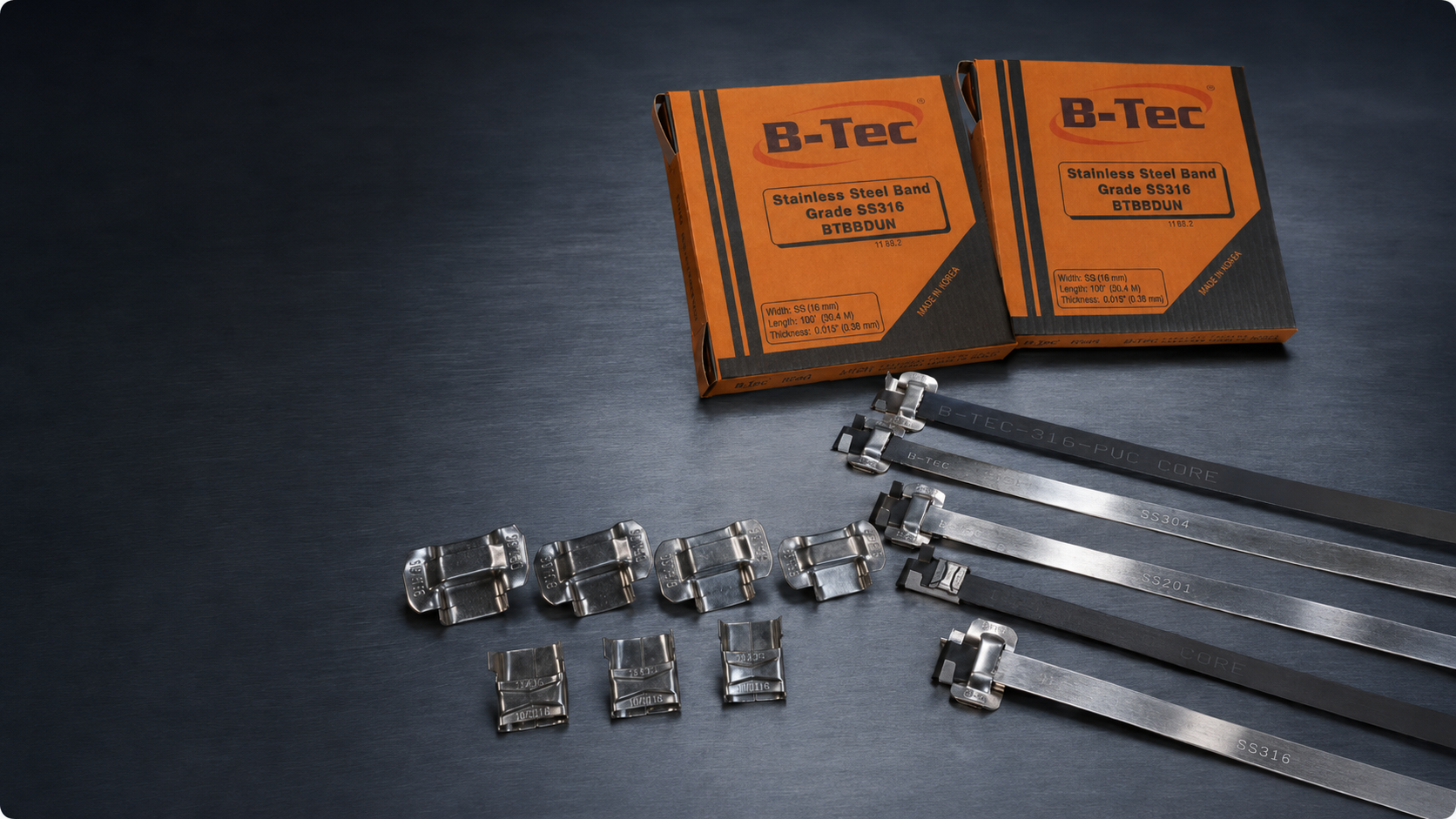 B-Tec Stainless Steel Bands marked SS304, SS201 and SS316 with buckles, Wing Seal Clips and Crimp Seals